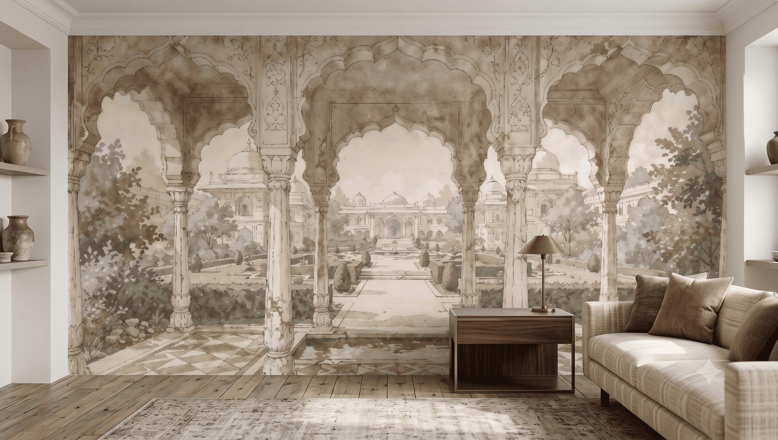A living room with a botanical mural wallpaper printed to fit the wall