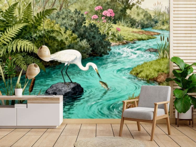 Vintage Meadow and Heron Sketch